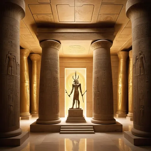 Prompt: "In the heart of the ancient temple lies the final regeneration room, a chamber of sublime grandeur and mystical power. The walls are adorned with intricate hieroglyphics depicting scenes of divine rebirth and cosmic renewal. Golden torches flicker, casting dancing shadows upon the polished stone floor.

At the center of the room rests a magnificent sarcophagus, crafted from purest marble and inscribed with runes of protection and resurrection. It radiates a soft, pulsating glow, imbued with the ancient magic that sustains Thoth's immortal essence.

Above the sarcophagus, a domed ceiling rises to meet a shimmering vortex of swirling energy, a gateway to the celestial realms where Thoth's spirit undergoes its eternal renewal. Rays of celestial light cascade downward, bathing the sarcophagus in a divine aura.

Around the chamber, alabaster pillars reach towards the heavens, carved with intricate patterns that channel the energies of the cosmos. Fragrant incense fills the air, carrying the whispers of ancient prayers and invocations.

This is the sanctum where Thoth's spirit finds solace and rejuvenation, guarded by the eternal vigilance of celestial sentinels and the sacred rituals of the temple priests. It is a place of awe-inspiring beauty and profound mysticism, where the boundaries between the mortal world and the divine realms blur and merge."