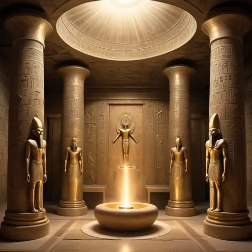 Prompt: "In the heart of the ancient temple lies the final regeneration room, a chamber of sublime grandeur and mystical power. The walls are adorned with intricate hieroglyphics depicting scenes of divine rebirth and cosmic renewal. Golden torches flicker, casting dancing shadows upon the polished stone floor.

At the center of the room rests a magnificent sarcophagus, crafted from purest marble and inscribed with runes of protection and resurrection. It radiates a soft, pulsating glow, imbued with the ancient magic that sustains Thoth's immortal essence.

Above the sarcophagus, a domed ceiling rises to meet a shimmering vortex of swirling energy, a gateway to the celestial realms where Thoth's spirit undergoes its eternal renewal. Rays of celestial light cascade downward, bathing the sarcophagus in a divine aura.

Around the chamber, alabaster pillars reach towards the heavens, carved with intricate patterns that channel the energies of the cosmos. Fragrant incense fills the air, carrying the whispers of ancient prayers and invocations.

This is the sanctum where Thoth's spirit finds solace and rejuvenation, guarded by the eternal vigilance of celestial sentinels and the sacred rituals of the temple priests. It is a place of awe-inspiring beauty and profound mysticism, where the boundaries between the mortal world and the divine realms blur and merge."