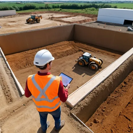 Prompt: GuyA photo taken from a drone, of a young man with an orange vest and helmet, is on a construction site where earthworks are being done, there are tractors on the site, the guy is holding a drone sign
The guy has to hold in his hand a remote control of the Mavic 3 E drone