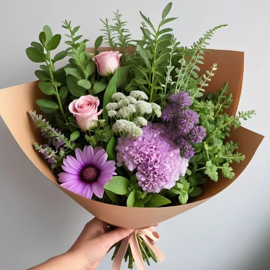 Prompt: bouquet de fleur plantes médicinales marjolaine, violette, roquette, sauge, menthe, rose