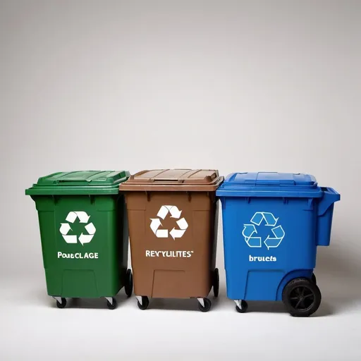 Prompt: Cree 
une image de trois bacs de recyclage � roulettes (brun, bleu, vert) sur un fond blanc pour une affiche 18 pouces par 24 pouces