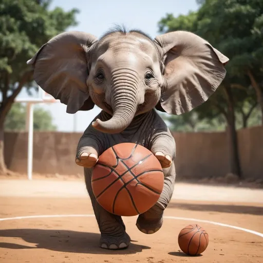 Prompt: a cute happy elephant playing basketball