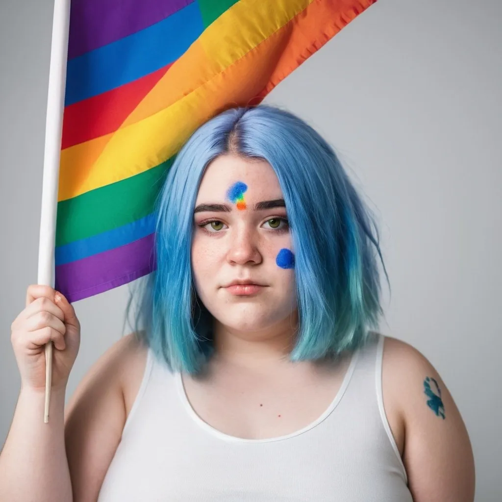 Prompt: overweight girl with blue hair and acne holding lgbt flag