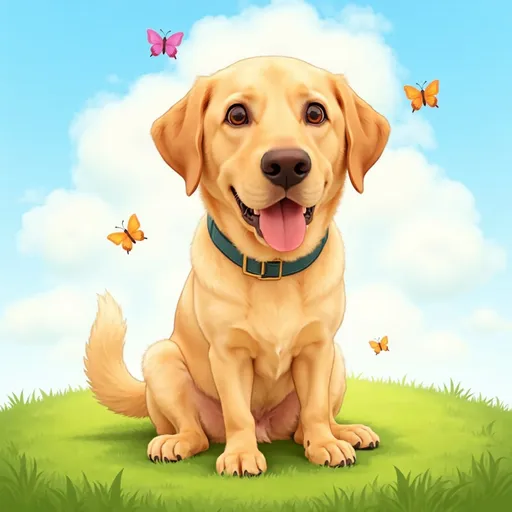 Prompt: @HQ4oxugq39SVjGLWnNdS i want to turn ronnie into a cartoon character for a childrens book, can you make a nice image of him sat of the grass with a blue sky background