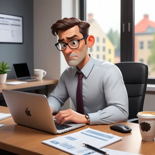 Prompt: Create a cartoon-style image of a business owner sitting at a desk, filling in business details on a laptop. The workspace should have a clean, modern look with a coffee mug and notebook on the table. The scene should evoke a sense of simplicity and ease of setup.
