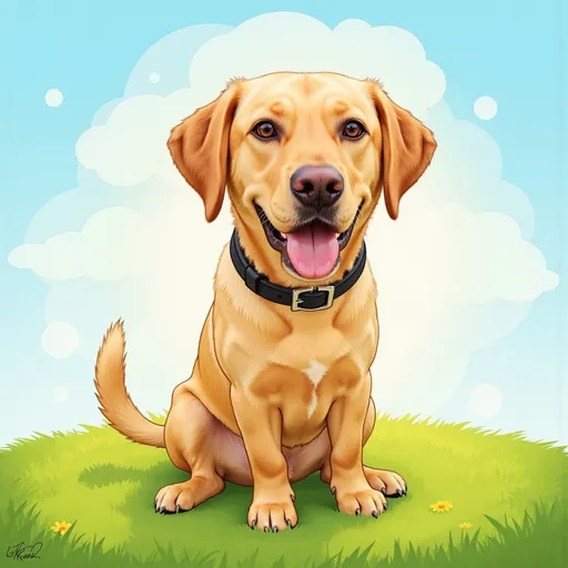 Prompt: @aoB6lXdILISni24zaYZK i want to turn reggie into a cartoon character for a childrens book, can you make a nice image of him sat of the grass with a blue sky background. same style as you did for ronnie, attach his picture, make reggie look similar to ronnie