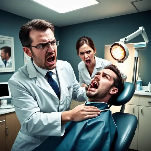 Prompt: Dentist firing demanding boss, realistic digital painting, high quality, professional, detailed expressions, dramatic lighting, dental office setting, frustrated dentist, stern boss, toothache, firing, relief, intense emotions, dental equipment, modern dental chair, professional attire, cool tones, realistic lighting
