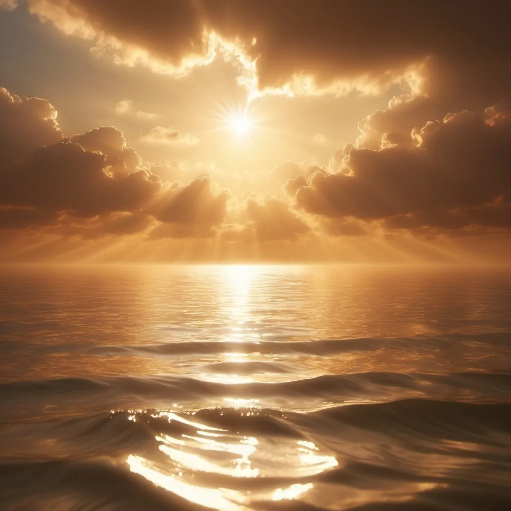 Prompt: Soft golden light filling the sky, creating a warm and heavenly atmosphere.