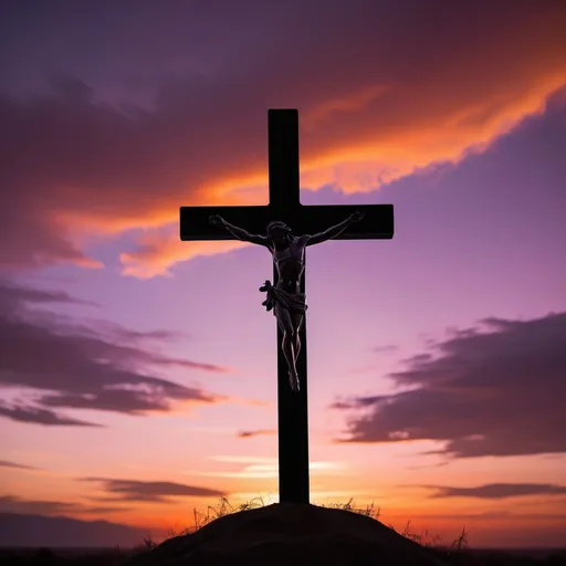 Prompt: A Cross Silhouette Against the Sunset

Setting: A beautiful sunset in the background, with a cross silhouette in the foreground.

Colors: Warm oranges, pinks, and purples in the sky, with the silhouette of the cross contrasting against it.