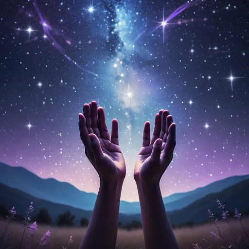 Prompt: Hands Raised in Prayer Under a Starry Sky

Setting: A clear, starry night sky with a vast, peaceful view of the cosmos.

Foreground: A pair of hands raised in prayer, reaching towards the sky.

Colors: Dark blues and purples, with twinkling stars and soft light illuminating the hands.
