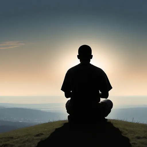 Prompt: Foreground: A peaceful silhouette of someone sitting or kneeling in prayer on a hill, facing the horizon.