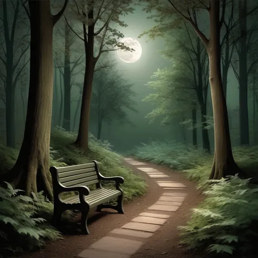 Prompt: . A Quiet Forest Path

Setting: A forest path surrounded by tall, gentle trees, bathed in soft moonlight.

Foreground: A quiet, serene bench or space where one could sit and reflect, symbolizing stillness and quiet time with God.

Colors: Dark greens and earthy browns with silver moonlight filtering through the trees.