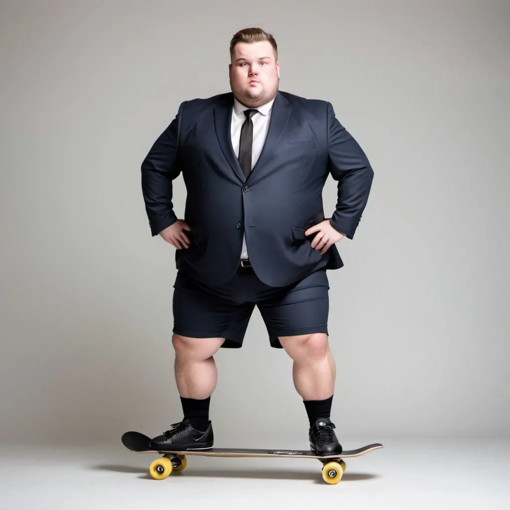 Prompt: Fat skater in a suit with short pants