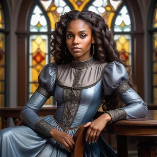 Prompt: a black thin pretty woman in the middle ages, sitting on  chair around a rounded table in a palace, has long curly and rough hair with long single braid that dangles on her shoulder, wears luxurious grey long dress with long sleeves and high collar