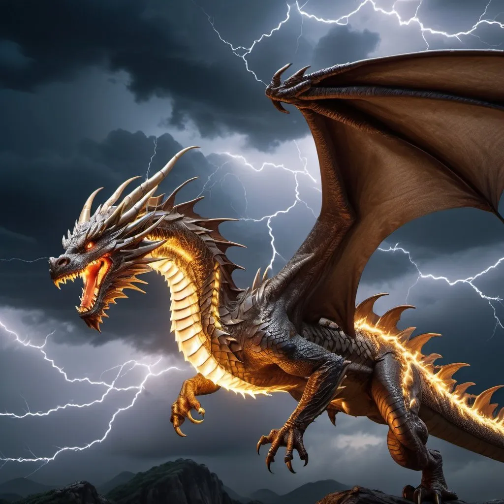 Prompt: "Picture a majestic dragon soaring through a stormy sky, its scales glistening in the lightning and its wings spread wide. With the AI platform's visually descriptive and detailed rendering, you can see every scale, every feather, and every crackle of lightning in stunning realism."