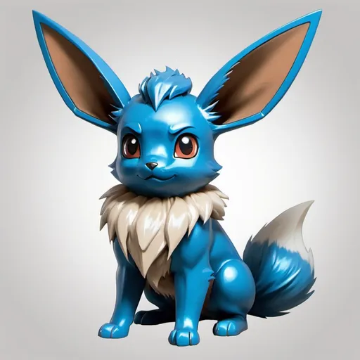 Prompt: draw a pokemon evolution of eevee Physical appearanceBody: Ferrioneon's body might be slightly more robust than Eevee's, with skin that appears to be made of a mix of soft fur and metal plates.Color: The main color could be silver or metallic gray with shiny highlights. You could add details in dark blue or cobalt to give it a futuristic touch and differentiate it from other types of steel.Head and Ears: The ears could be more angular and sharp, covered in a kind of metal that looks like armor. The head could have a kind of natural helmet with steel details that look like antennas or spikes.Eyes: The eyes may be a bright blue or glowing white, giving a high-energy or technological appearance.