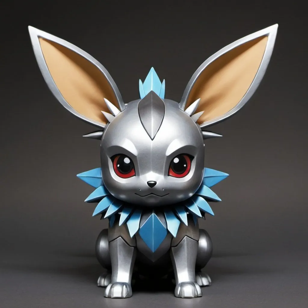 Prompt: draw a pokemon evolution of eevee Physical appearanceBody: Ferrioneon's body might be slightly more robust than Eevee's, with skin that appears to be made of a mix of soft fur and metal plates.Color: The main color could be silver or metallic gray with shiny highlights. You could add details in dark blue or cobalt to give it a futuristic touch and differentiate it from other types of steel.Head and Ears: The ears could be more angular and sharp, covered in a kind of metal that looks like armor. The head could have a kind of natural helmet with steel details that look like antennas or spikes.Eyes: The eyes may be a bright blue or glowing white, giving a high-energy or technological appearance.