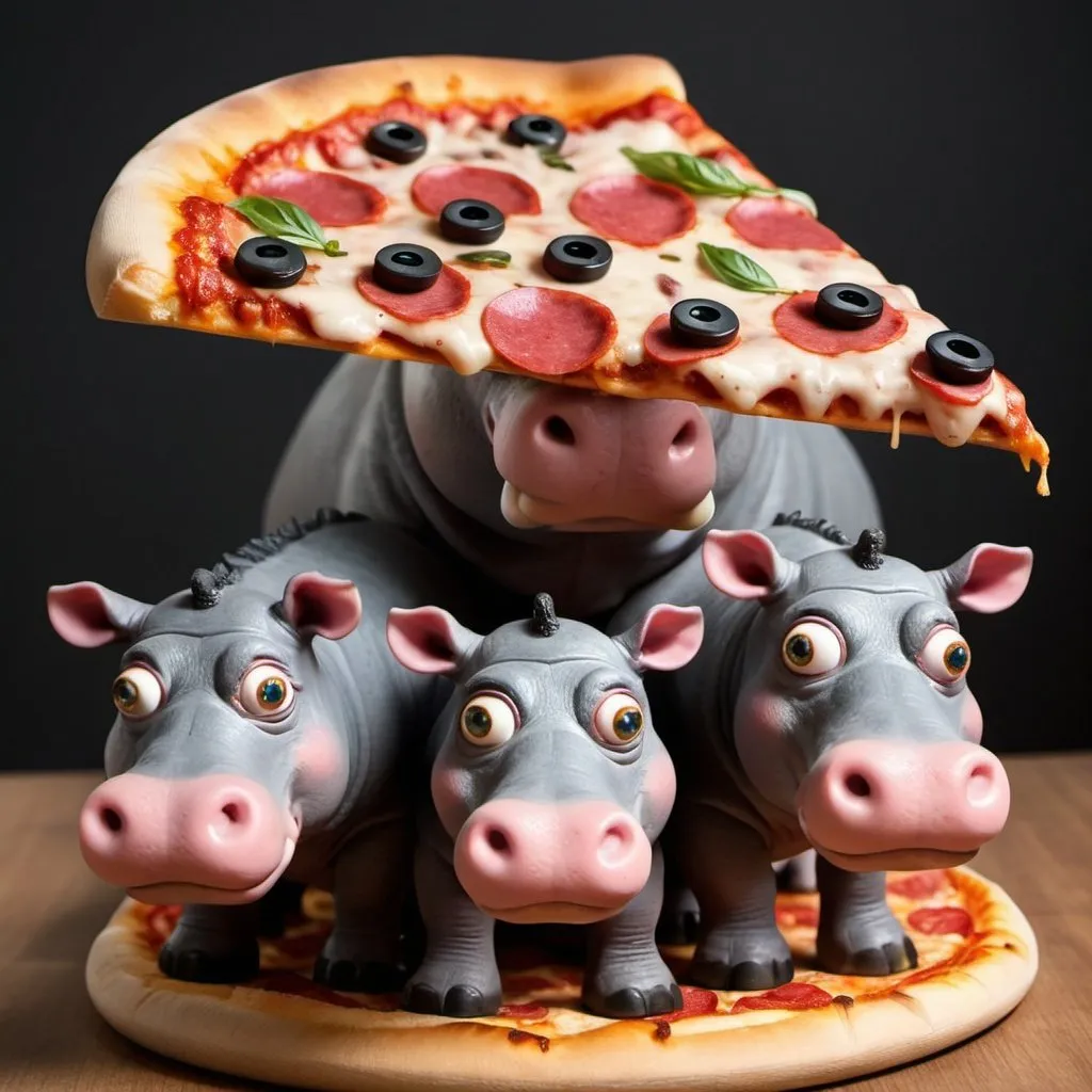 Prompt: please create picture of pizza with four eyes while 2 eyes on right and 2 eyes on left. hippo 2cm height and horse 3cm height standing  on top of pizza

