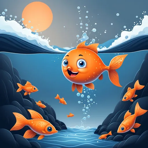 Prompt: Pêchette, un poisson orange avec des taches bleues, sautant hors de l'eau. Pico l'observe avec étonnement depuis la rive. Les vagues autour d'eux sont douces, et le ciel est toujours ensoleillé, Illustration, cartoon