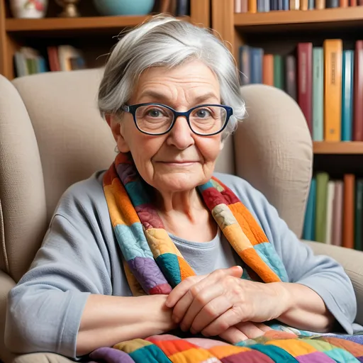 Prompt: Create a warm and affectionate scene of Granny, a kind elderly woman with silver hair neatly tied in a bun. She is wearing round glasses that sit gently on her nose, giving her a wise yet gentle appearance. Granny is seated in a cozy armchair with a colorful quilt draped over her lap, in a warmly lit room filled with bookshelves and family photos. Her eyes are twinkling with kindness, and she has a soft, comforting smile as she holds an open storybook in her lap. The room has a fireplace crackling softly in the background, casting a golden glow around her. Granny wears a light lavender cardigan over a floral dress, and the overall tone is nostalgic and peaceful, evoking the feeling of a bedtime story told by a loving grandmother