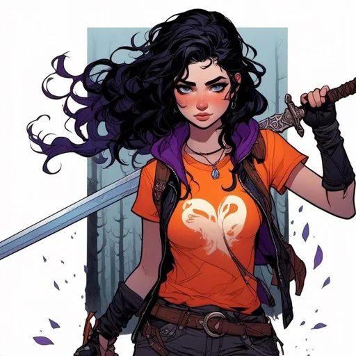 Prompt: <mymodel>Detailed illustration of a girl with wavy black hair and purple streaks, pale blue eyes, wearing an orange t-shirt and a black leather jacket, holding a black sword, foggy forest background, highres, illustration, detailed eyes, atmospheric lighting, cool tones