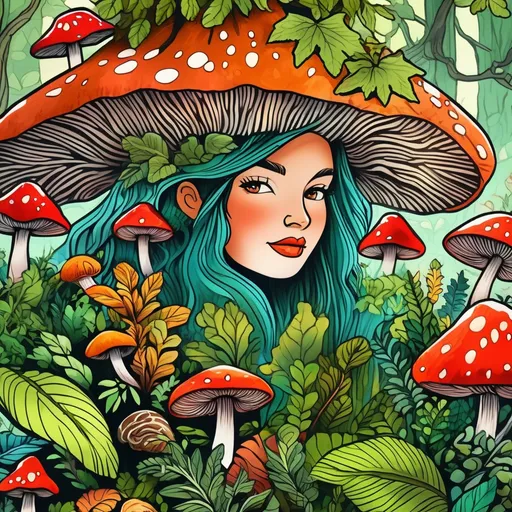 Prompt: Anthropomorphic leaf girl surrounded by vibrant fungi, nature colors, high quality, detailed, nature, anthropomorphic, colorful, vibrant, fungi, foliage, leaf girl, detailed, natural, whimsical, fantasy, woodland, forest, rich colors, vibrant atmosphere, highres, nature-inspired, intricate details, professional, natural lighting