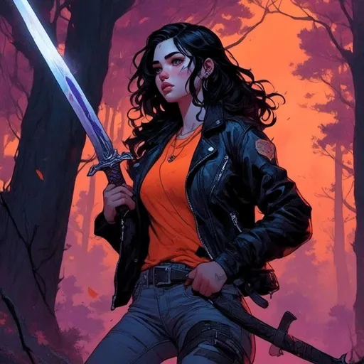 Prompt: <mymodel>Detailed illustration of a girl with wavy black hair and purple streaks, pale blue eyes, wearing an orange t-shirt and a black leather jacket, holding a black sword behind her back, foggy forest background, highres, illustration, detailed eyes, atmospheric lighting, cool tones