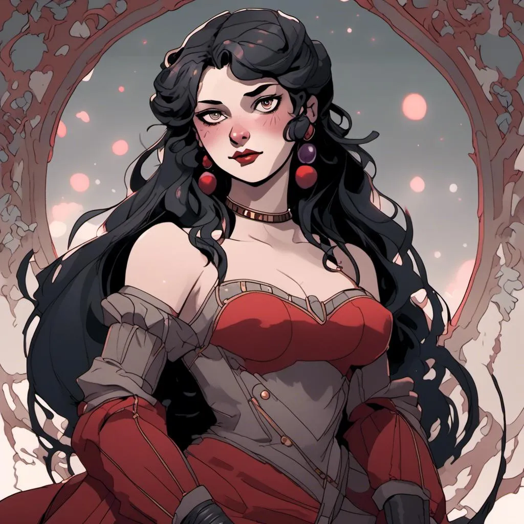 Prompt: High-res, detailed illustration of an adult female with long black hair, small Blueish Gray eyes with a red shine, white blushed skin, round oval face, plum red lips, medium nose with round tip, <mymodel> artstyle, realistic hair texture, detailed facial features, elegant and sophisticated, graceful pose, striking gaze, flowing black hair, atmospheric lighting, realistic skin tones, professional quality, detailed eyes