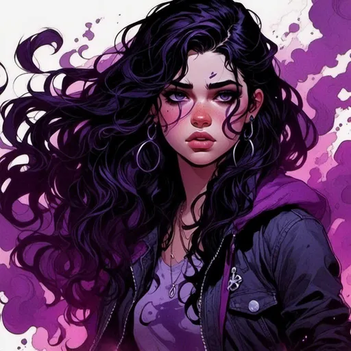 Prompt: Detailed illustration of a girl with long wavy black hair and purple streaks, purple eyes, ear piercings, shadow powers, black smoke coming from her hand, darkness seeping out of her hands, highres, illustration, detailed eyes, atmospheric lighting, cool tones <mymodel>
