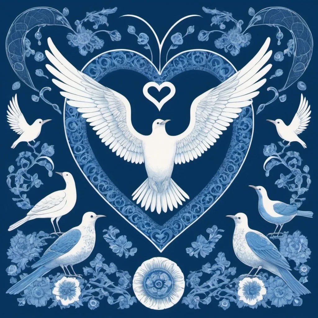 Prompt: Ahura mazda , heart rate and birds in blue and white drawing