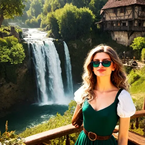 Prompt: emerald green eyes, art of French Renaissance artists, full hd, cyberpunk but 1970s view, nature and flowers, a flowing waterfall in the background, a 100-storey ancient walnut tree, a tavern from the Witcher universe