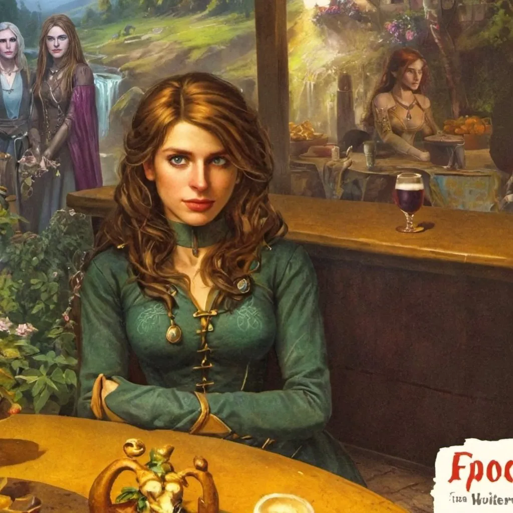 Prompt: Very beatiful princess girl, emerald green eyes, art of French Renaissance artists, full hd, cyberpunk but 1970s view, nature and flowers, a flowing waterfall in the background, a 100-storey ancient walnut tree, a tavern from the Witcher universe,