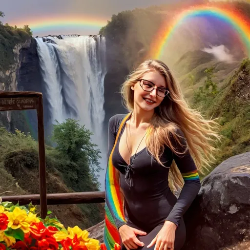 Prompt: A waterfall flows over the clouds, a girl in  is surfing with the clouds, a rainbow forms from the waterfall, where the rainbow ends, the cauldron and the blonde girl guards are waiting.