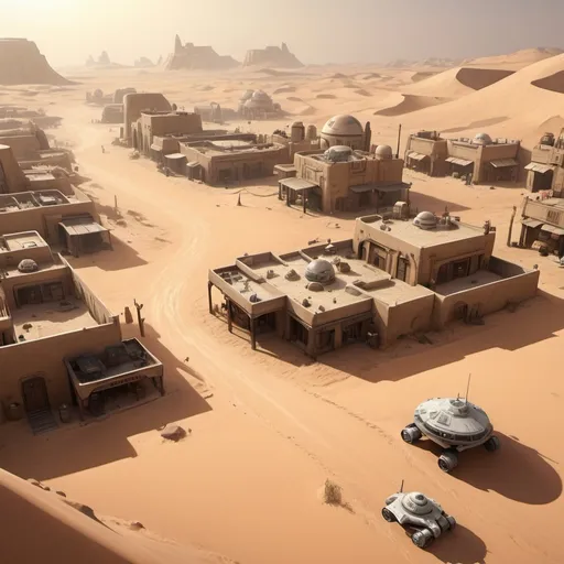 Prompt: Science fiction, desert, arid town streets, Star Wars, Tatooine, battle map, TTRPG, highres, detailed, sci-fi, futuristic, arid environment, sand dunes, dusty streets, bustling town, realistic textures, intense lighting, Star Wars-inspired, professional, atmospheric lighting