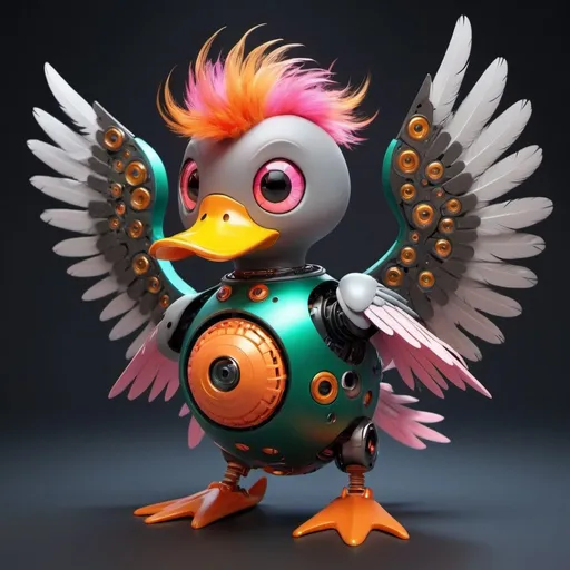 Prompt: Cartoon Devil Duck, immortal God, Ruler over space and time, beautiful feathers that are robotic. orange, pink, gray, green super crazy hair, red eyes with a twinkle of hell in them.  Ai is in control of this duck's mind and helps him conquer the developing worlds. The wings robotics, his wings can shoot lasers. He walks in a magic wand. He also has teeth made of gold. 
