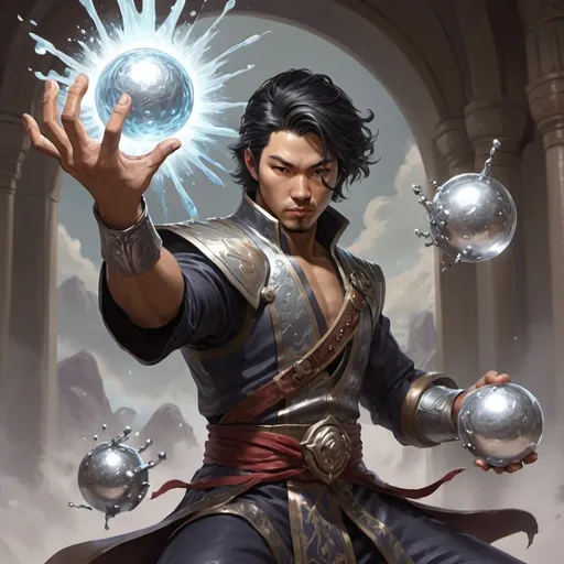 Prompt: create artwork that fits the magic the gathering style. the artwork is of a character of jeskai origins.

he is sculpting a metal artifact with his one hand and he is shooting a big floating blob of silver liquid metal with his other hand in the opposite direction in a standing combat pose 

the character is an asian male artificer in their early thirties, he has medium black hair that is down on the sides and a little wild 