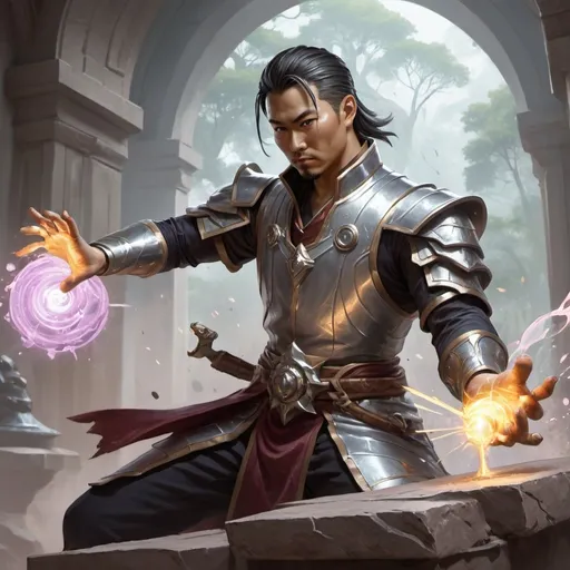 Prompt: create artwork that fits the magic the gathering style. the artwork is of a character of jeskai origins.

he is sculpting a metal artifact with his one hand and he is shooting a projectile of liquid metal with his other hand in the opposite direction in a standing combat pose 

the character is an asian male artificer in their early thirties 