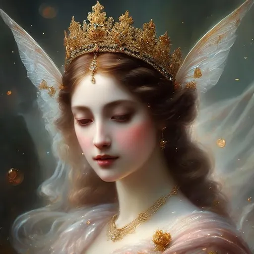 Prompt: elegant woman queen beautiful nymph, detailed, ethereal, fantasy, regal, flowing gown, crown, glowing, soft lighting, digital painting, inspiration from classical art, masterful brushwork 