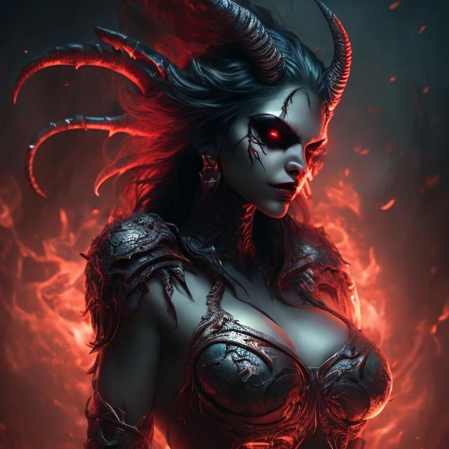 Prompt: Attractive demon woman with a  high level of detail, dark and atmospheric lighting, realistic shading, digital painting by a renowned artist, 4k resolution.