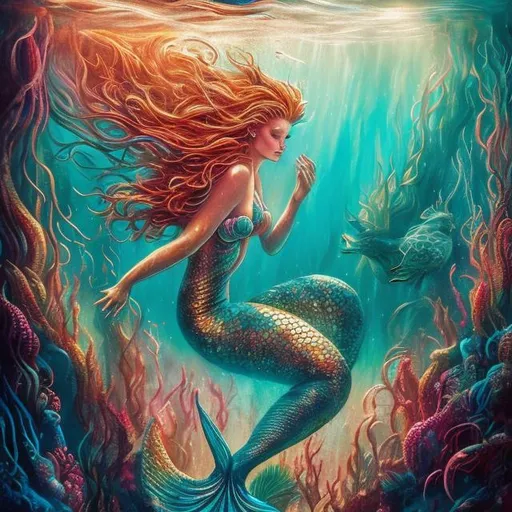 Prompt: An underwater scene featuring a beautiful mermaid/siren, ethereal lighting, vibrant colors, intricate tail design, fantasy-inspired setting, mesmerizing pose, digital painting by (artist), high resolution,