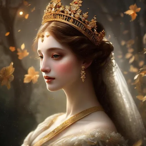 Prompt: elegant woman queen beautiful nymph, detailed, ethereal, fantasy, regal, flowing gown, crown, glowing, soft lighting, digital painting, inspiration from classical art, masterful brushwork 