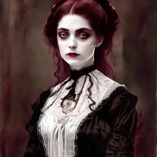 Prompt: portrait of a beautiful victorian woman (vampire core).