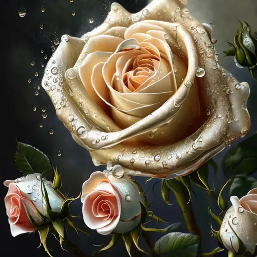 Prompt: high-detailed painting of beautiful, elegant roses with water droplets on them zoomed in masterful brushwork
