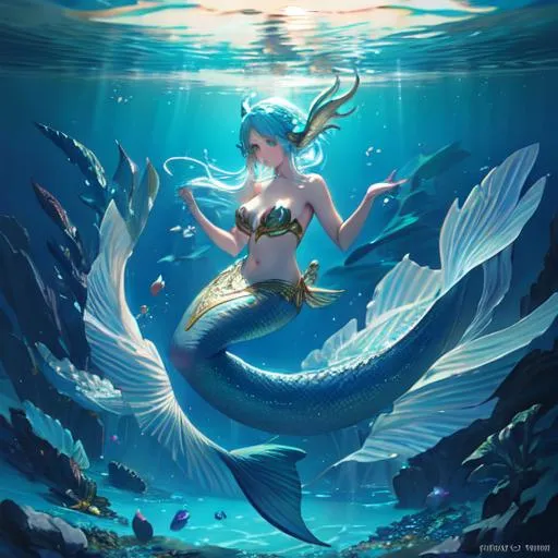 Prompt: Underwater scene featuring a beautiful mermaid/siren, ethereal lighting, vibrant colors, intricate tail design, fantasy-inspired setting, mesmerizing pose, digital painting by (artist), high resolution, siren