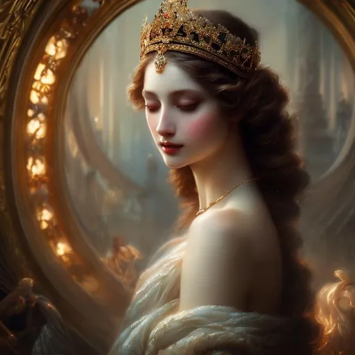 Prompt: elegant woman queen beautiful nymph, detailed, ethereal, fantasy, regal, flowing gown, crown, glowing, soft lighting, digital painting, inspiration from classical art, masterful brushwork 