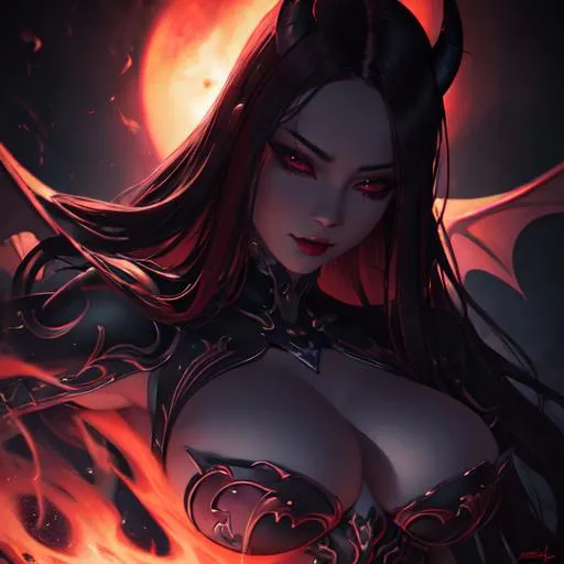 Prompt: Attractive demon woman,  high level of detail, dark and atmospheric lighting, realistic shading, digital painting by a renowned artist, 4k resolution.