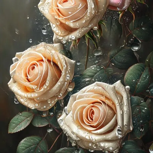 Prompt: high-detailed painting of beautiful, elegant roses with water droplets on them zoomed in masterful brushwork