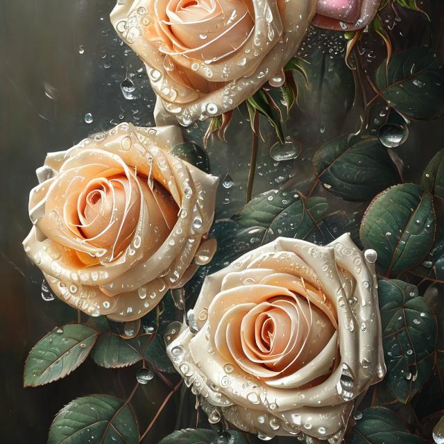 Prompt: high-detailed painting of beautiful, elegant roses with water droplets on them zoomed in masterful brushwork