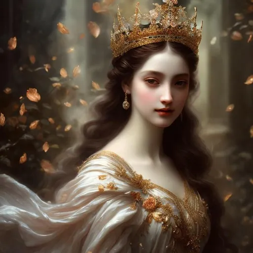 Prompt: elegant woman queen beautiful nymph, detailed, ethereal, fantasy, regal, flowing gown, crown, glowing, soft lighting, digital painting, inspiration from classical art, masterful brushwork 