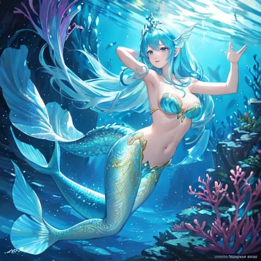 Prompt: Underwater scene featuring a beautiful mermaid/siren, ethereal lighting, vibrant colors, intricate tail design, fantasy-inspired setting, mesmerizing pose, digital painting by (artist), high resolution, siren